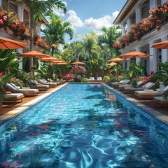 Wall Mural - Vibrant poolside scene with tropical plants and clear water.