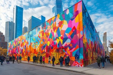 Colorful Geometric Mural on Brick Building in Downtown New York City