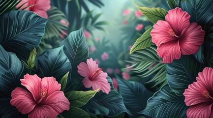 Wall Mural - Lush Tropical Rainforest With Pink Hibiscus Flowers in Bloom