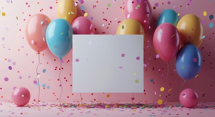 Canvas Print - Blank Card Surrounded by Colorful Balloons and Confetti on a Pink Background