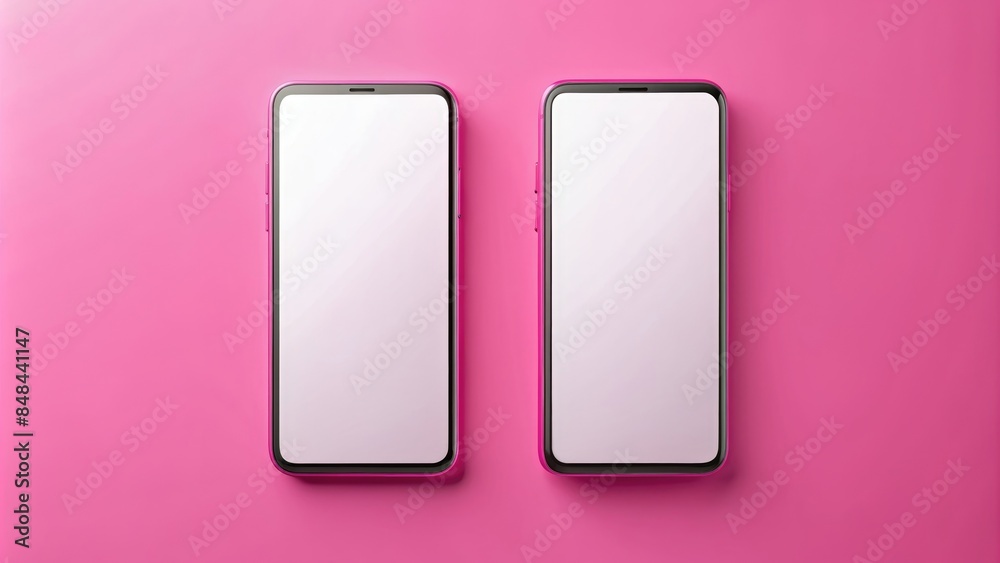 two modern smartphones with blank screens located side by side on a ...