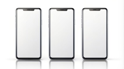 three modern smartphones with blank screens located side by side on a white background. The phones' clean and elegant design creates a vibrant and modern look.