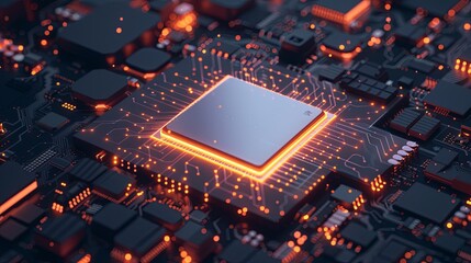 Fototapete - A close-up image of a modern microprocessor on a motherboard, surrounded by intricate digital data streams and glowing light effects. Generative AI