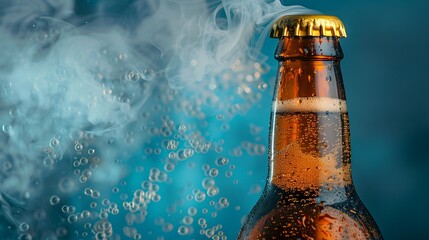 Sticker - Close-Up of a Cold Beer Bottle with a Cap and Rising Bubbles. This image captures a detailed view of a beer bottle. Perfect for advertising, marketing, and beverage-related content. AI