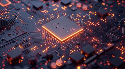 Fototapete - A close-up shot of a modern microprocessor on a motherboard, surrounded by intricate digital data streams and glowing light effects, symbolizing the processing power of AI. Generative AI