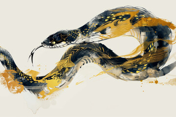 Wall Mural - Golden watercolor snake painted in oriental brushstroke style. Year of the snake