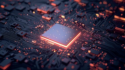Poster - A close-up image of a modern microprocessor or chip on a motherboard, surrounded by intricate digital data streams and glowing light effects. Generative AI