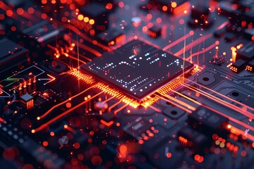 Poster - A close-up shot of a modern microprocessor, surrounded by intricate digital data streams and glowing light effects, showcasing the processing power of AI. Generative AI