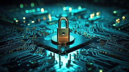 Poster - A golden padlock placed centrally on an illuminated blue circuit board symbolizing cybersecurity