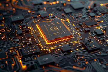Fototapete - A close-up image of a glowing microprocessor, surrounded by intricate circuitry, symbolizing the processing power of artificial intelligence. Generative AI