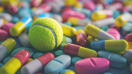 Wall Mural - Variety of colorful pills with tennis ball in the background symbolizing medicine Mockup
