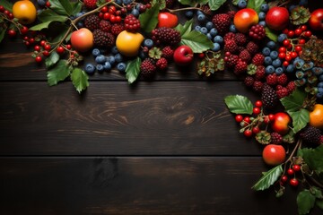 still life with bunches of grapes, berries and fresh and juicy fruits against a dark old wooden background, rural vintage style, the concept of fresh and healthy food