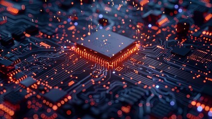 Fototapete - An ultra-modern microprocessor or chip on a motherboard, surrounded by intricate digital data streams and glowing light effects, symbolizing the processing power of AI. Generative AI