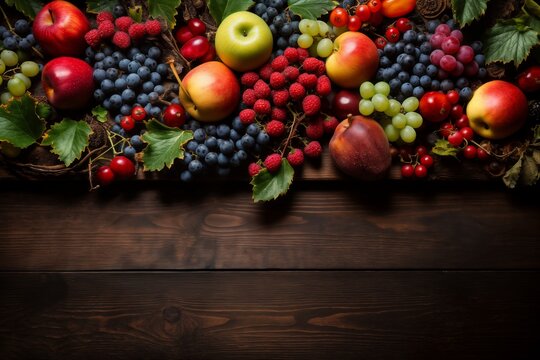 still life with bunches of grapes, berries and fresh and juicy fruits against a dark old wooden background, rural vintage style, the concept of fresh and healthy food