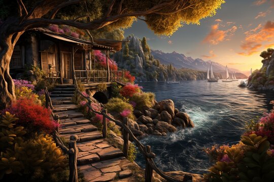 a picturesque landscape at sunset, an old steps to the house by the lake, sailboat and mountains in the distance