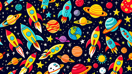 Canvas Print - A seamless, whimsical, hand-drawn pattern featuring charming space-themed elements like rockets, planets, and aliens, with quirky details and bright, cheerful colors, in a childlike, illustrative styl