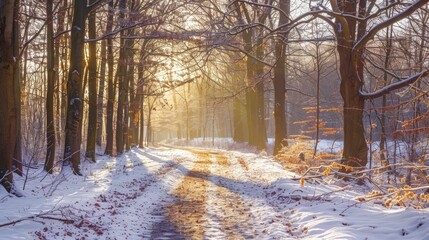 Wall Mural - Scenic winter pathway in sunny woodland