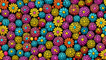 Wall Mural - A whimsical, hand-drawn pattern of vibrant, flowered balls with intricate details, using bright, cheerful colors, in a playful, childlike style, perfect for a fun and lively design.