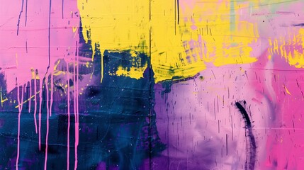 Wall Mural - Part of colorful wall with graffiti spray strokes. Pink, purple, yellow color splash, flows, streaks of paint and paint sprays