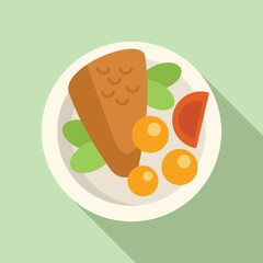 Sticker - Grilled salmon steak served on plate with vegetables icon in flat design isolated on green background