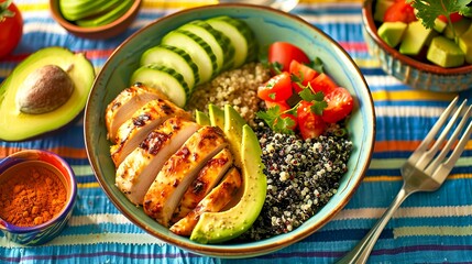 Wall Mural - Colorful healthy food bowl with grilled chicken, quinoa, avocado, cucumber, and fresh tomatoes. Perfect for clean eating and nutritious meal inspiration. 