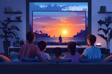 Wall Mural - A family of three is watching television together