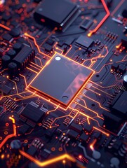 Aufkleber - Close-up of a microchip on a motherboard surrounded by glowing digital data streams, representing AI processing power. Generative AI