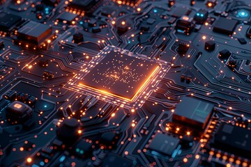 Fototapete - Close-up of a modern microprocessor on a motherboard, featuring intricate circuitry with glowing light effects, symbolizing AI processing power. Generative AI
