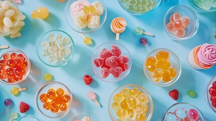 Wall Mural - Top view of various delicious jellies on blue background