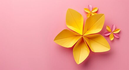 Wall Mural - yellow paper flower on pink background .Generative AI