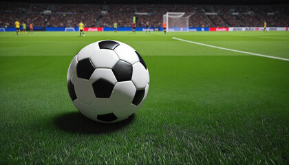 Professional football player on a soccer field illuminated by the floodlights of the stadium with copy space