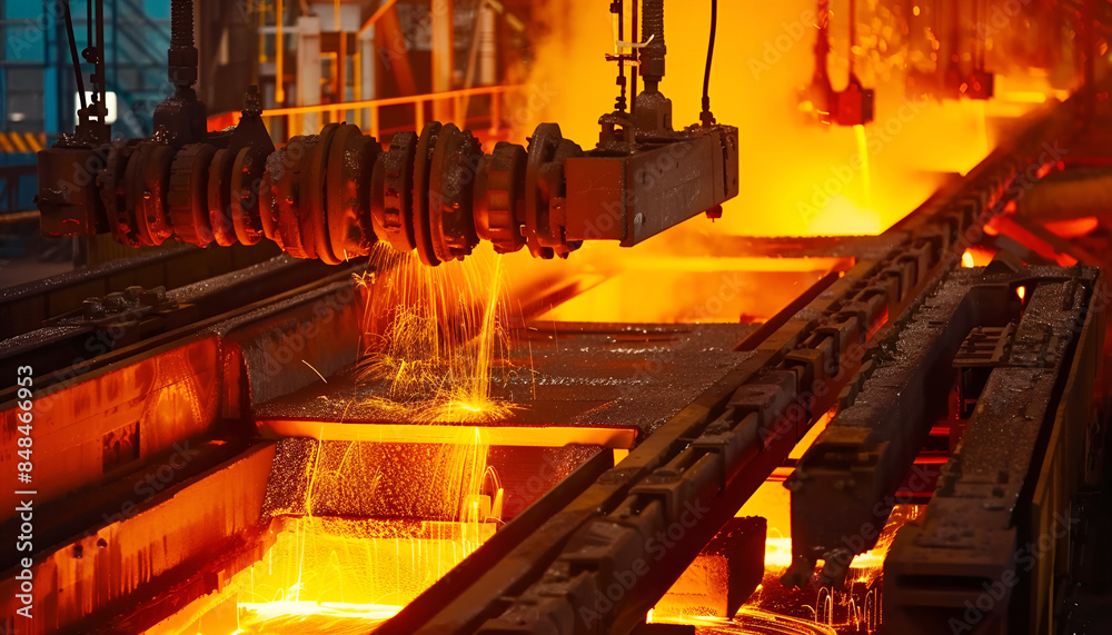 bustling steel factory where molten steel is being poured into molds ...