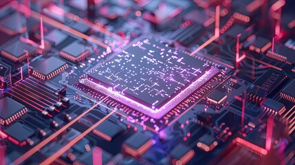 Leinwandbilder - A close-up image of a modern microprocessor on a motherboard, illuminated by glowing data streams, representing the power of artificial intelligence. Generative AI