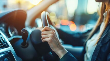 close up of hands of a businesswoman driving her car, modern successful transportation