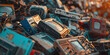 © Oleksandr - Blurred image shows discarded electronics in a waste heap, highlighting e-waste recycling's importance. Concept: Electronics Disposal, Environmental Impact