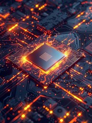Fototapete - An ultra-modern microprocessor or chip on a motherboard, surrounded by intricate digital data streams and glowing light effects, symbolizing the processing power of AI. Generative AI