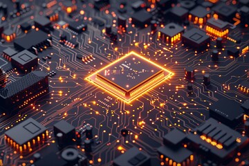 Fototapete - A close-up of a modern microprocessor or chip on a motherboard, illuminated by glowing light effects and surrounded by intricate digital data streams. Generative AI