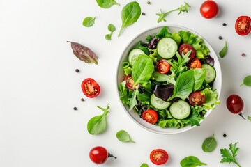 Wall Mural - Photo of a freshly made salad with cherry tomatoes, cucumber, and mixed green leaves on a white background in a top view flat lay.