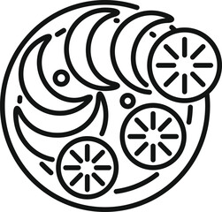 Wall Mural - Line art icon of a bowl containing sliced bananas and round lime fruits, representing a healthy snack or dessert