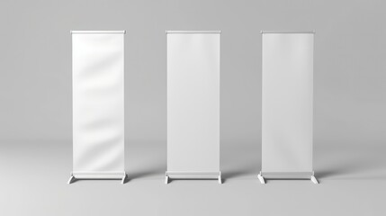 The white empty portable booth stand or roll up board is ideal for advertising and promotion. This realistic modern illustration set includes a blank vertical pull-up information banner mockup for. 