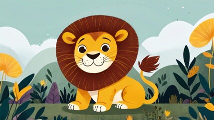 Wall Mural - illustration of cute lion in wildlife with forest background