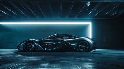 Wall Mural - Automotive Photography, Sleek Light Gray Hypercar with Aerodynamic Design on a Dark Background