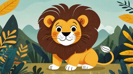 Wall Mural - illustration of cute lion in wildlife with forest background