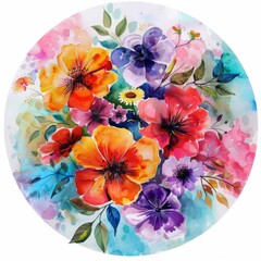 Wall Mural - Watercolor Painting of Colorful Flowers in a Circular Arrangement background 