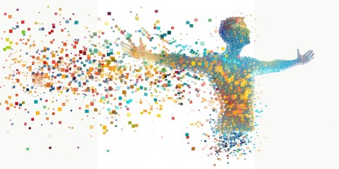 A digital figure with outstretched arms, composed of binary code and color blocks representing data streams, symbolizing the connection between technology Generative AI