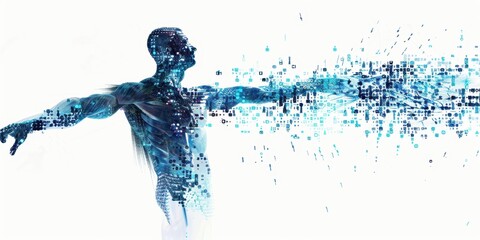 Abstract digital human figure with arms outstretched, holding data and code on white background Generative AI
