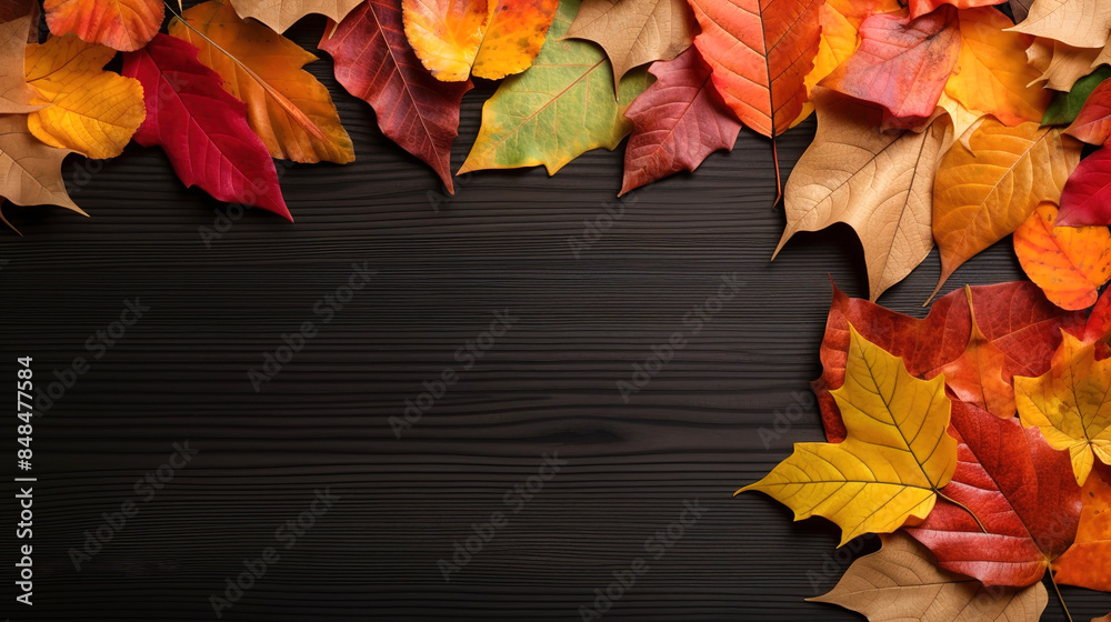 Dark brown wooden background with autumn leaves border upper and right ...