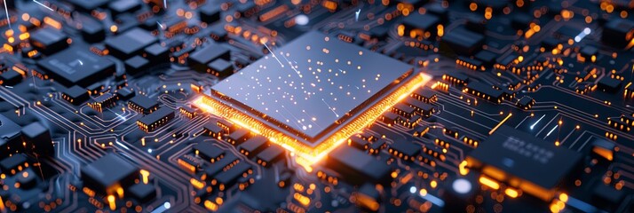 Leinwandbilder - A close-up image of a modern microprocessor on a motherboard, surrounded by intricate digital data streams and glowing light effects, symbolizing the processing power of AI. Generative AI