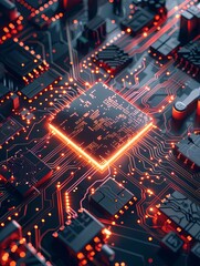 Fototapete - Close-up of a glowing microprocessor on a circuit board, symbolizing the processing power of artificial intelligence. Generative AI