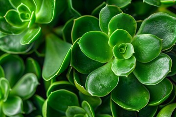 Zoomed-in view of the thick fleshy leaves of a Jade Plant (Crassula ovata)